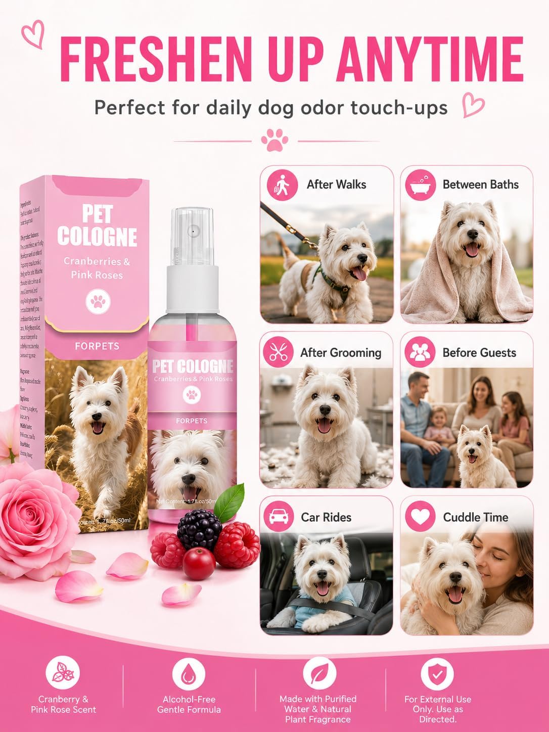 Alcohol free pet freshener spray for dogs between baths