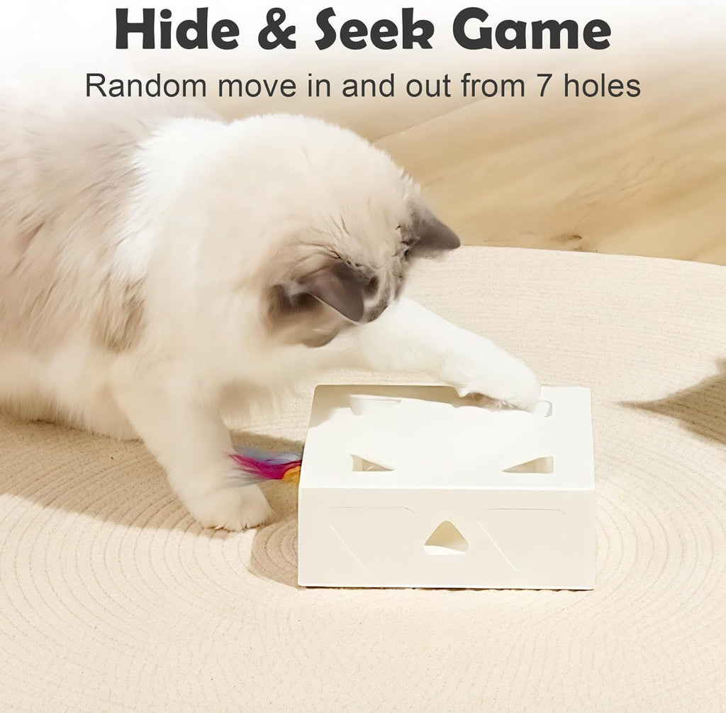 Close up view of the seven hole whack a mole AI layout on the white Migipaws pet toy.