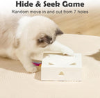 Close up view of the seven hole whack a mole AI layout on the white Migipaws pet toy.
