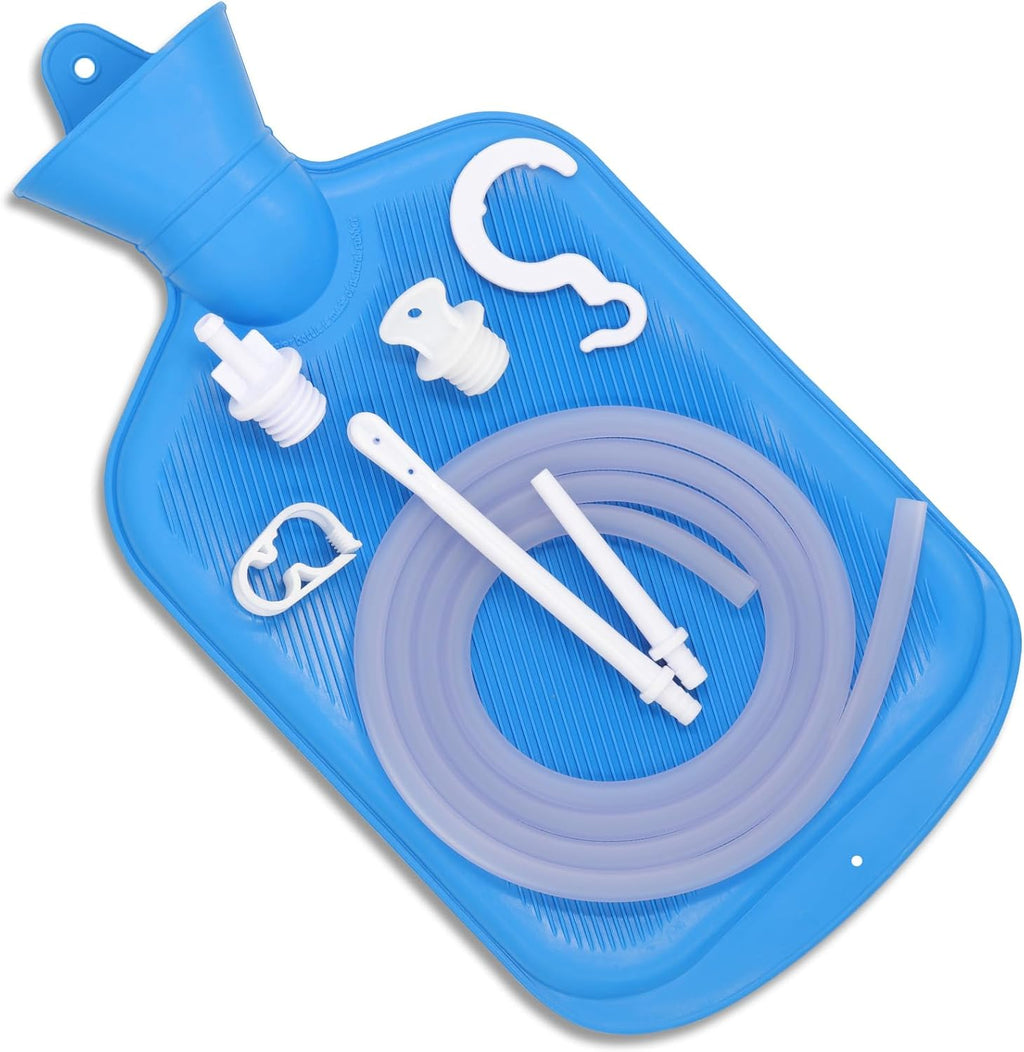 Diuciuhr Enema Bag Kit front view showing blue 2 liter bag and accessories
