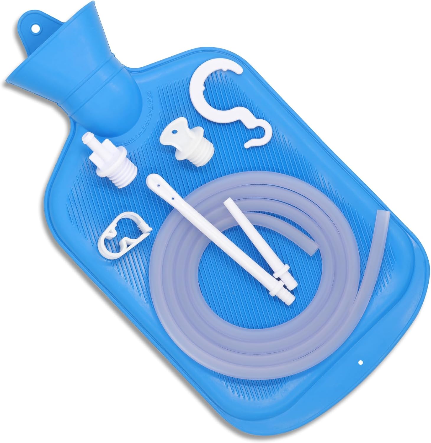 Diuciuhr Enema Bag Kit front view showing blue 2 liter bag and accessories