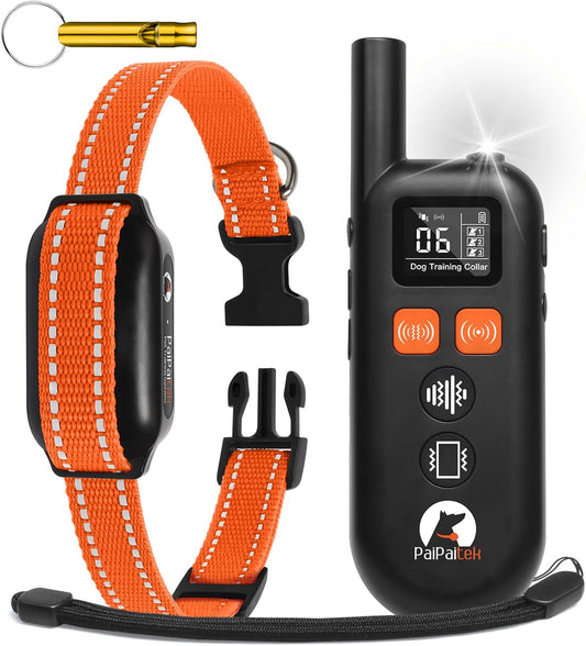PaiPaitek Vibrating Dog Collar No Shock front view showing the remote control and receiver unit.
