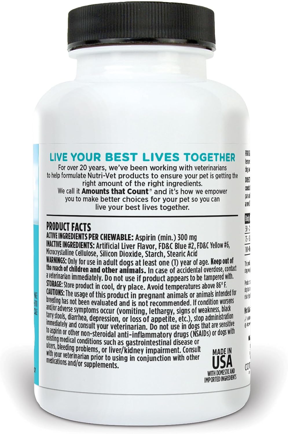 Nutri-Vet aspirin container with dosage information visible