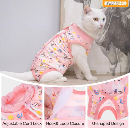 Post operative cat clothing with open rear design for convenient litter box use