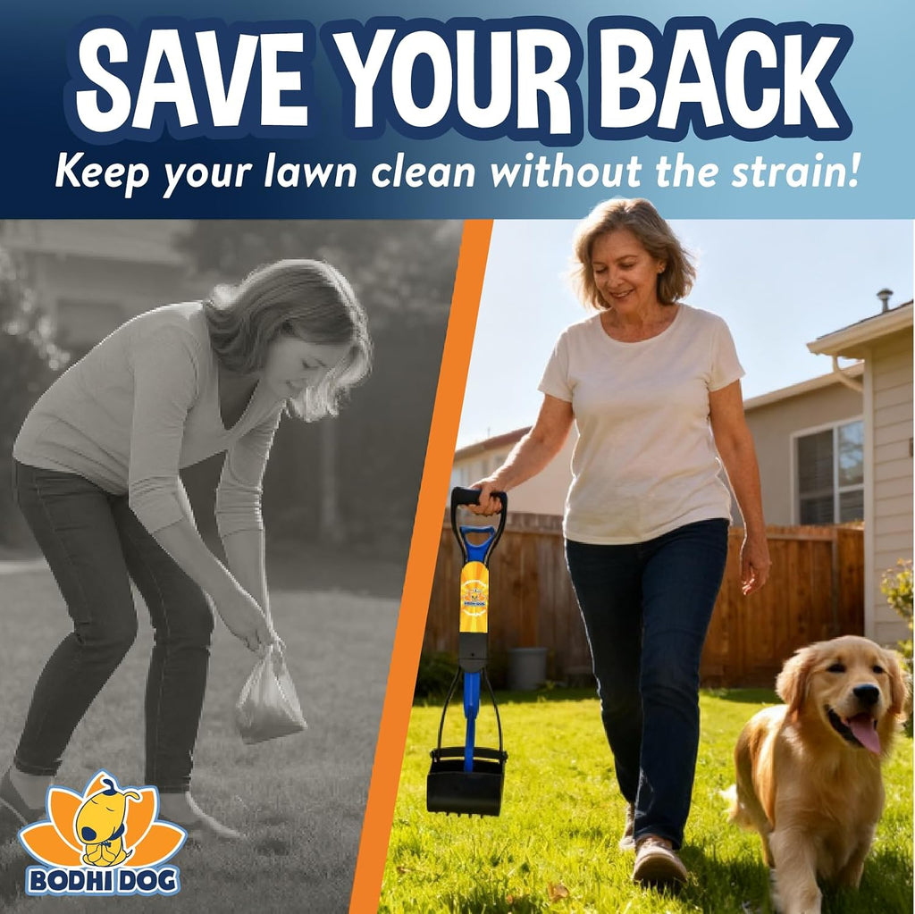 Bodhi Dog pet waste removal kit featuring blue jaw scooper and bone bag dispenser.