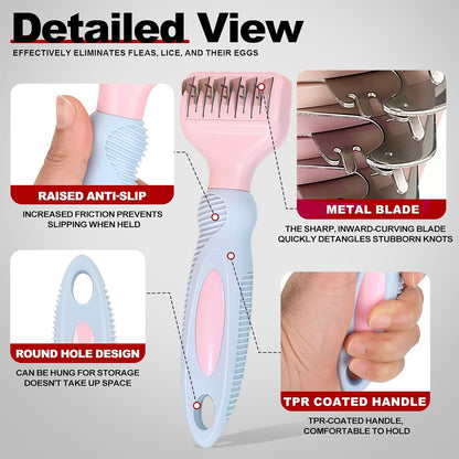 Close-up of the rounded outer edge tips on the pink dog dematting tool ensuring safe skin protection.