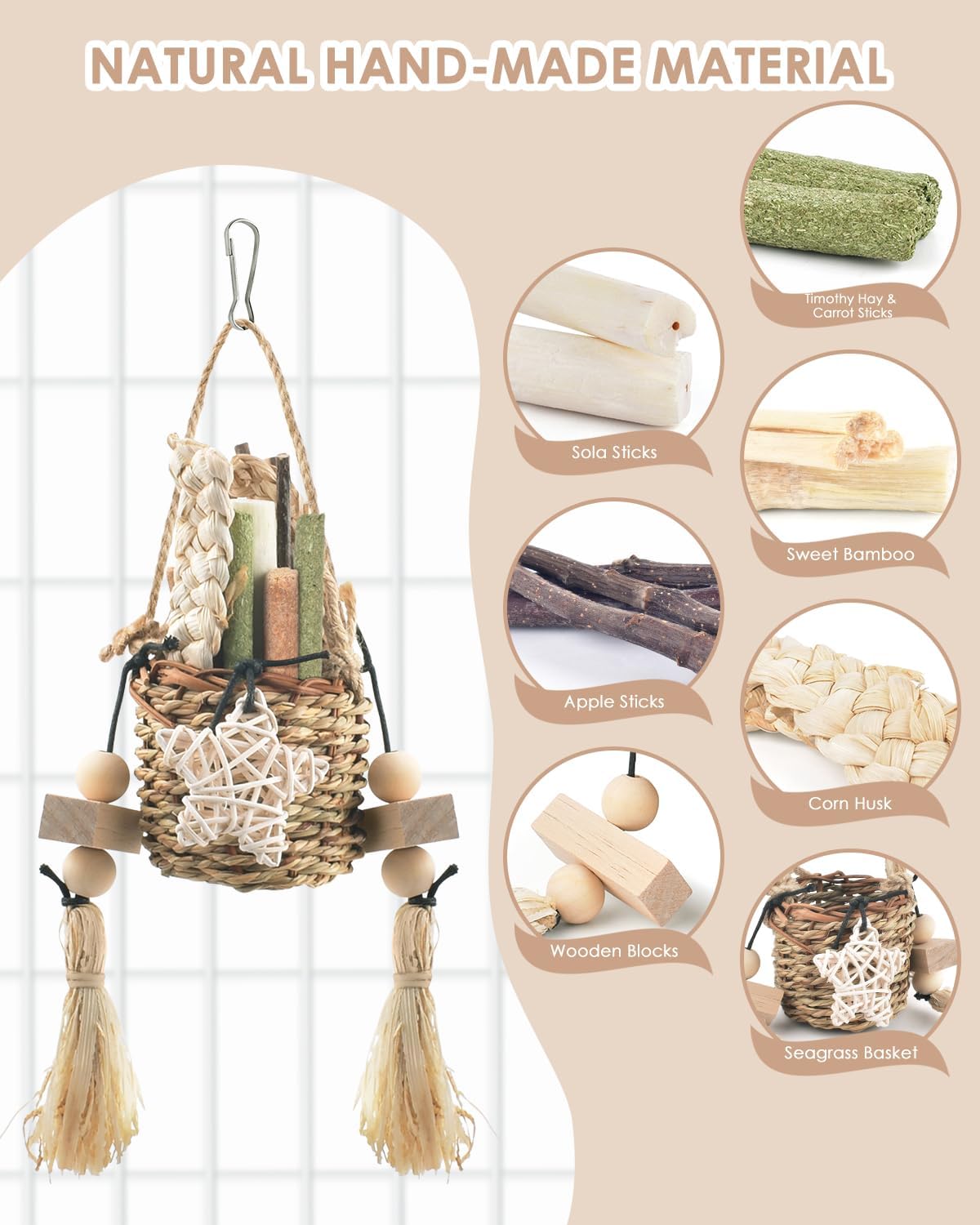 Bissap small animal hanging foraging toy packed with natural timothy hay sticks