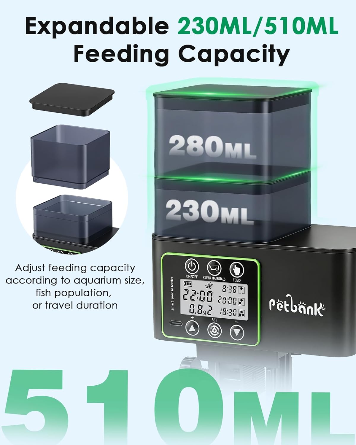 Rechargeable aquarium food dispenser attached to fish tank wall clamp