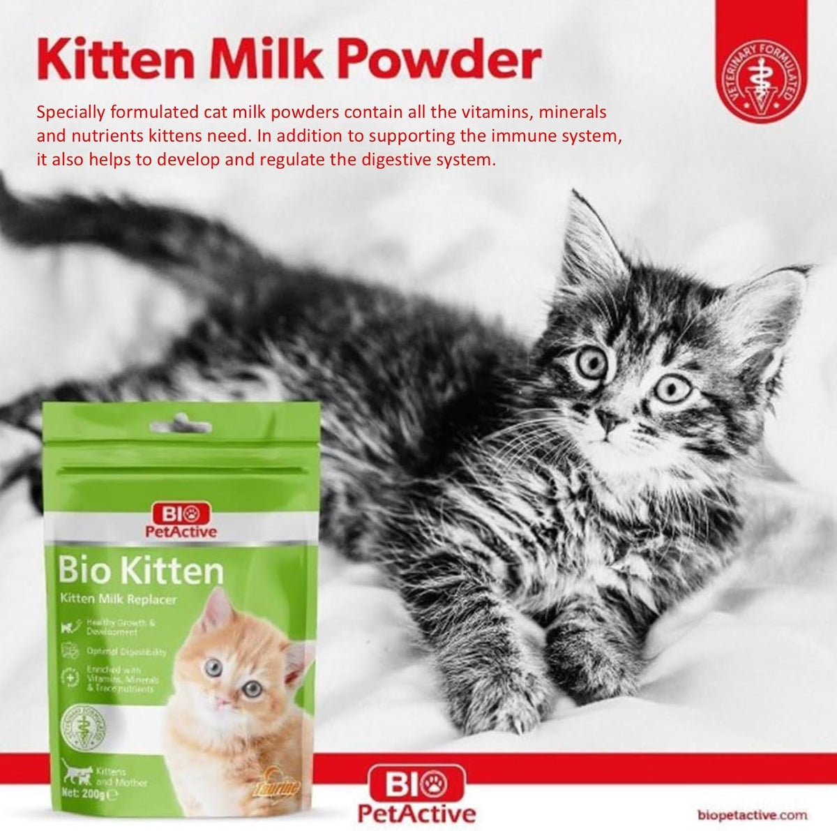 Bio PetActive infant cat milk powder container showcasing feeding benefits.