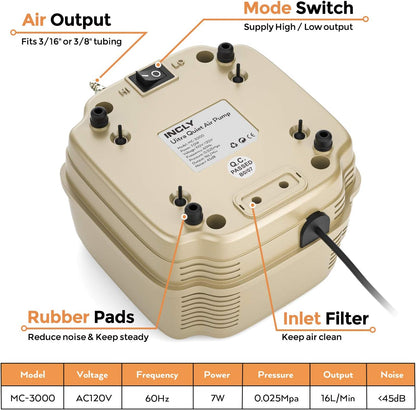 Incly aquarium air pump packaging and included accessories