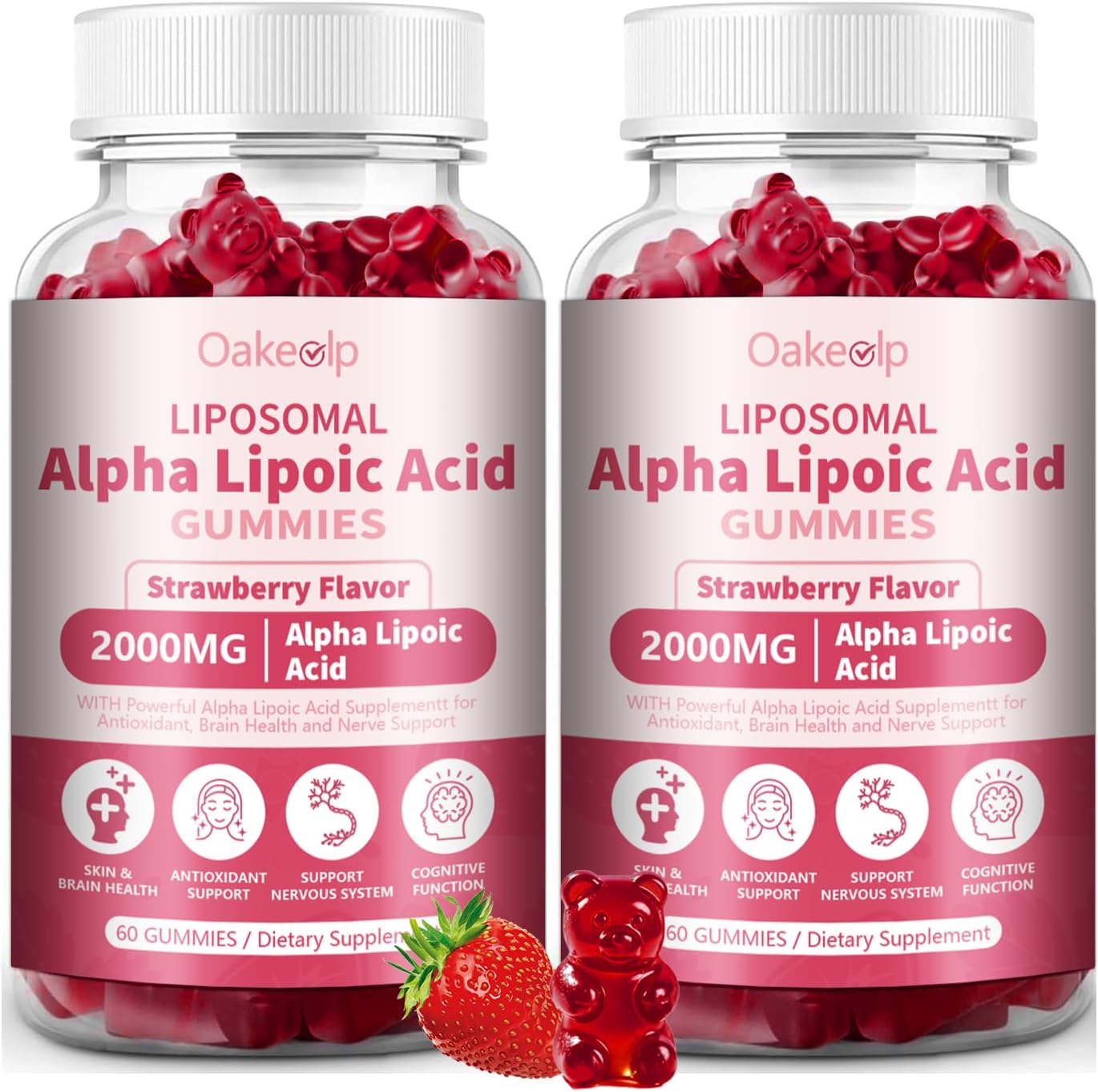 Oakevlp Liposomal Alpha Lipoic Acid 2000mg front view bottle containing strawberry flavored antioxidant gummies