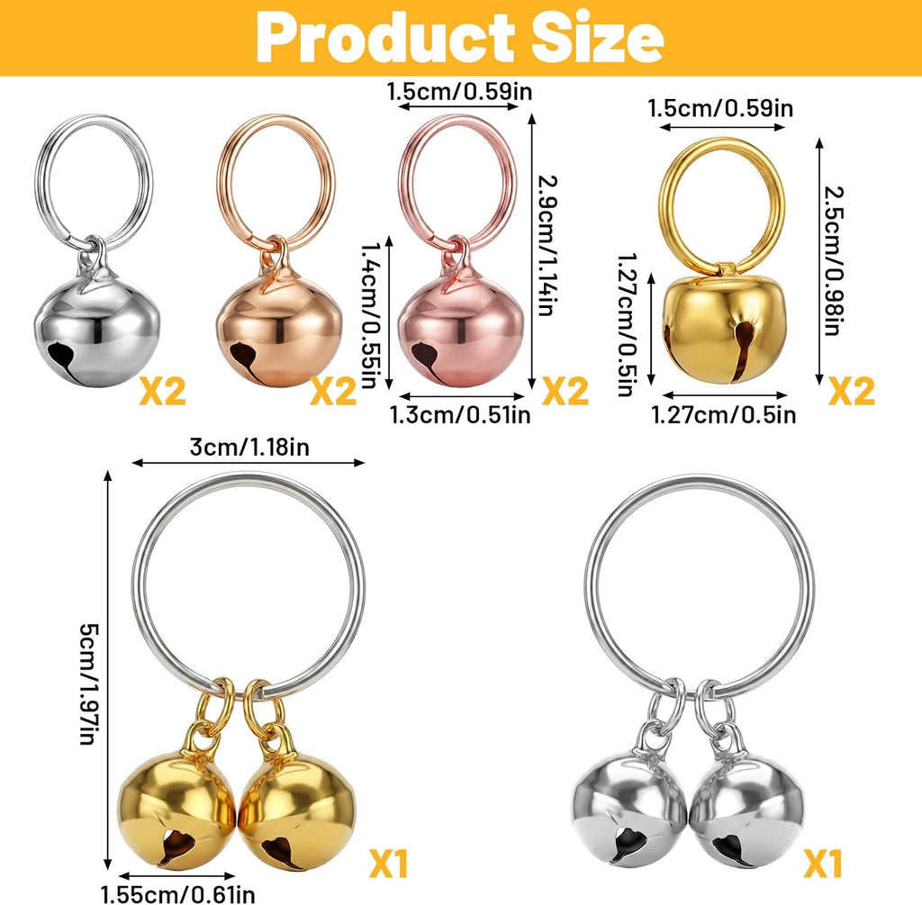 Close up view of the durable stainless steel pet tracker bells with secure keychain clips.