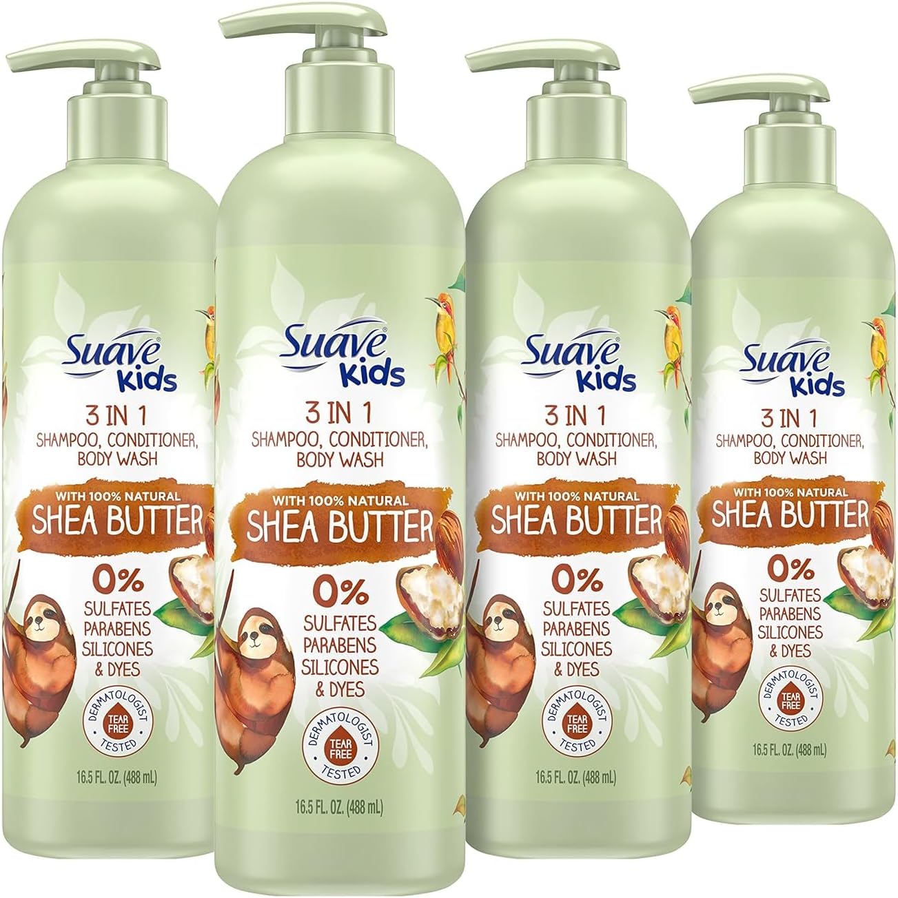 Suave Kids Natural Shea Butter 3-in-1 four pack front view for gentle kids bath time