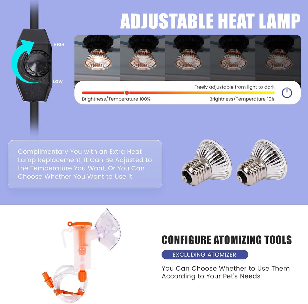Neonatal kitten incubator chamber setup featuring dual fifty Watt heating lamps and warm pet bed mat.