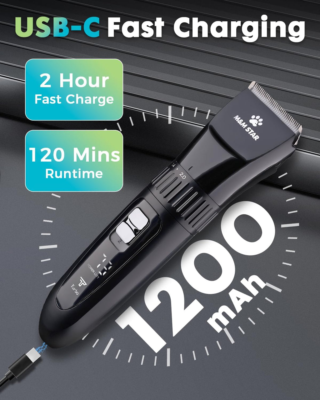 Close up view of the sharp stainless steel blades on the cordless pet grooming trimmer.