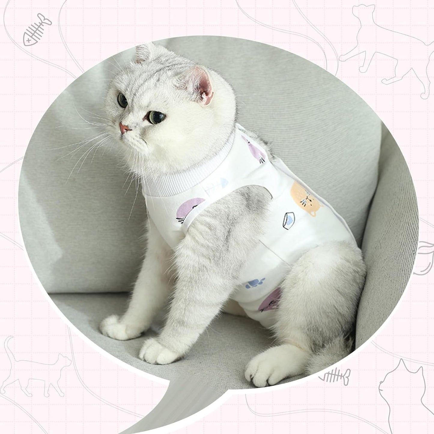 Cat wearing Coppthinktu surgical onesie side profile view