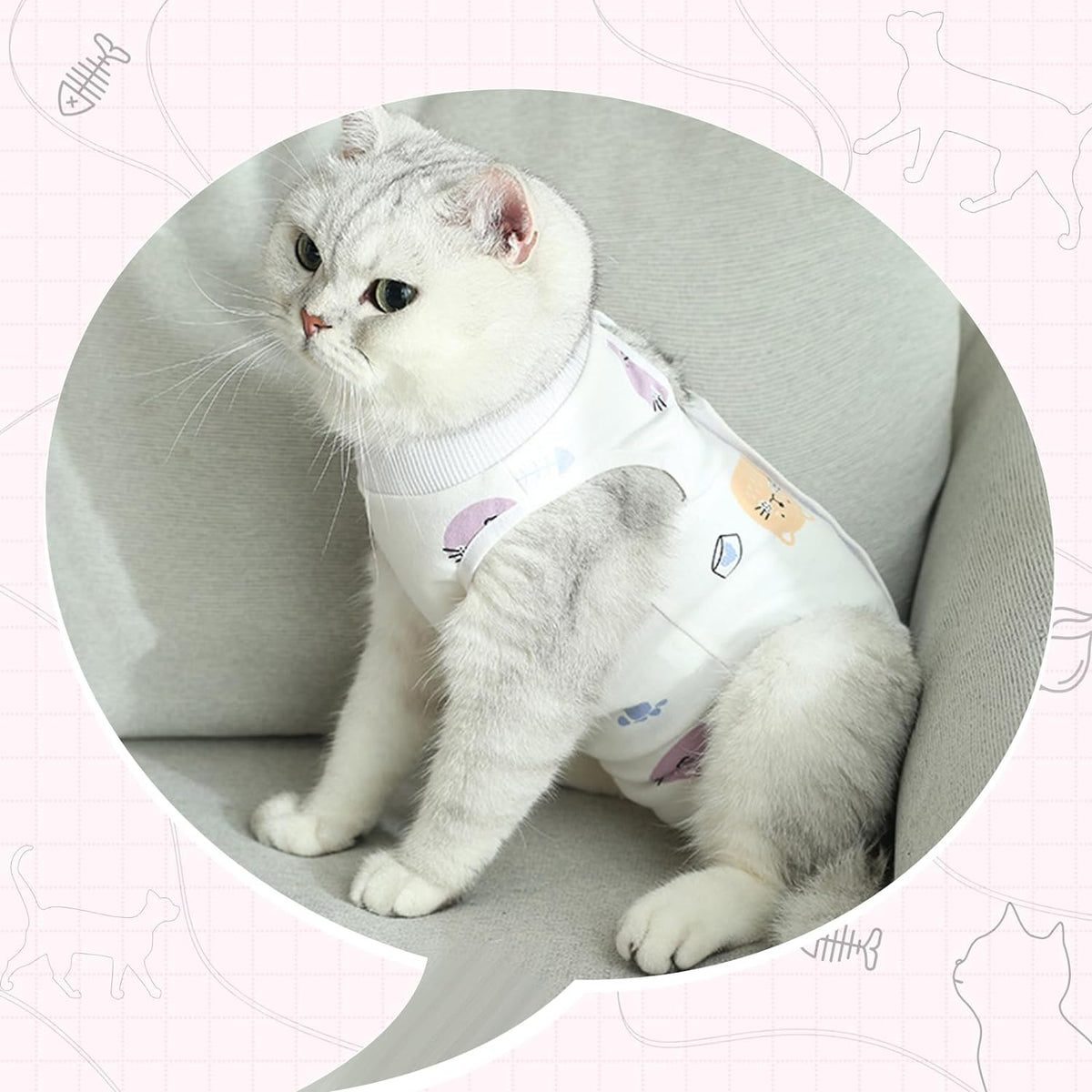 Cat wearing Coppthinktu surgical onesie side profile view