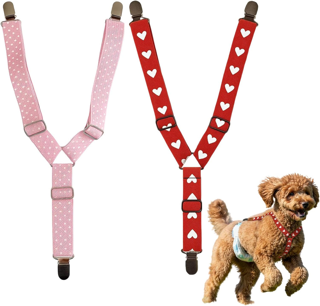 Pet Soft dog diaper suspenders front view on a pet showing secure clip placement.
