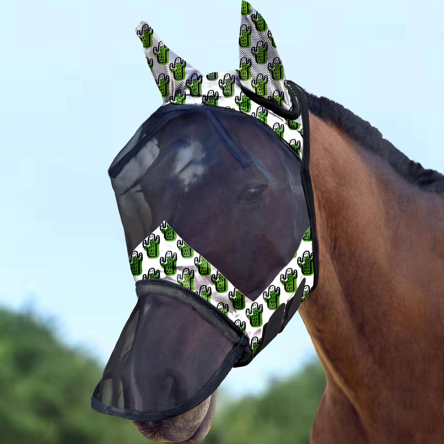 Harrison Howard LumiVista Horse Fly Mask Long Nose with Ears UV Protection for Horse Leopard Print M Cob - Image 8