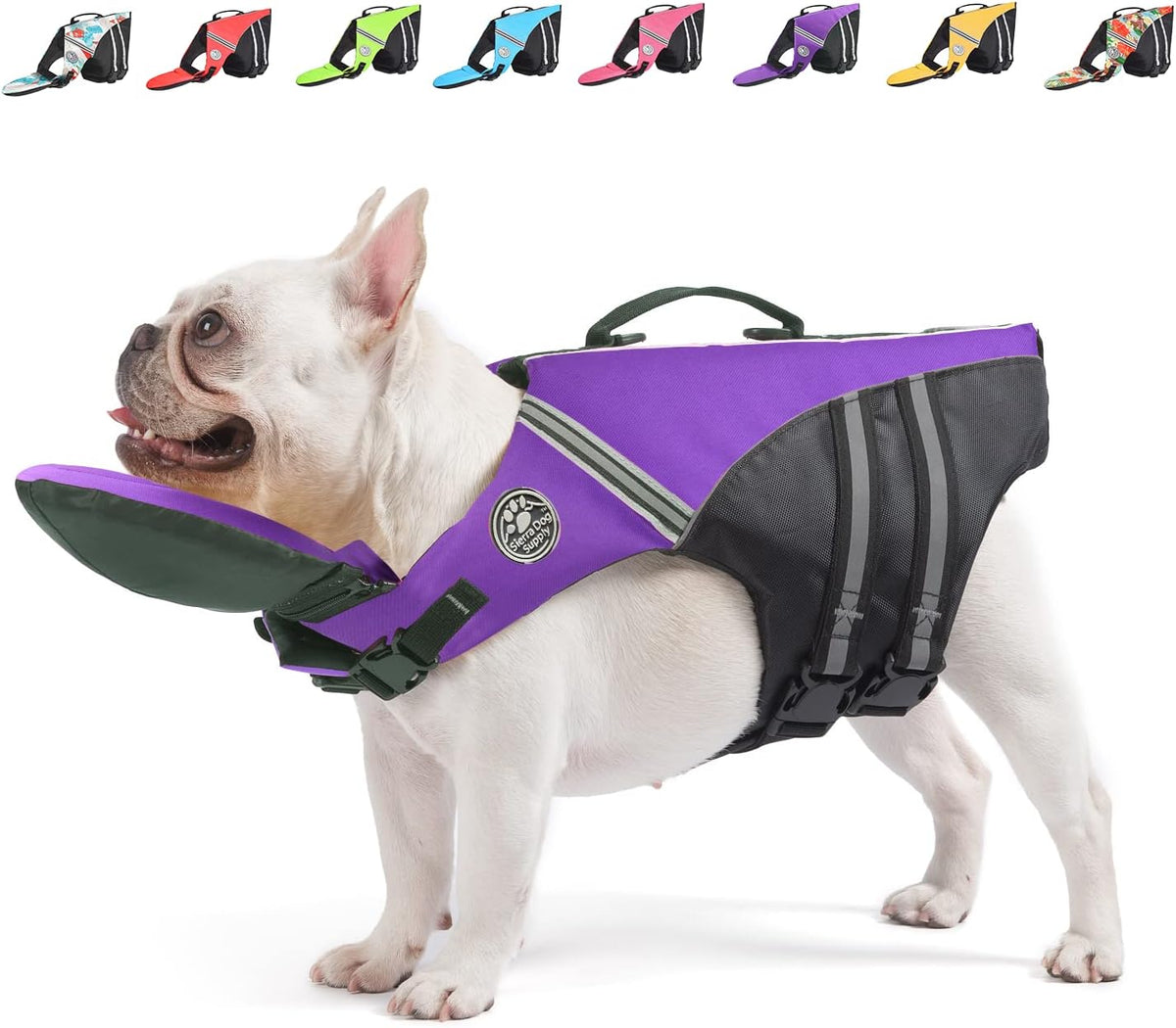 Mklhgty brand high visibility reflective pet life jacket for safe open water swimming.