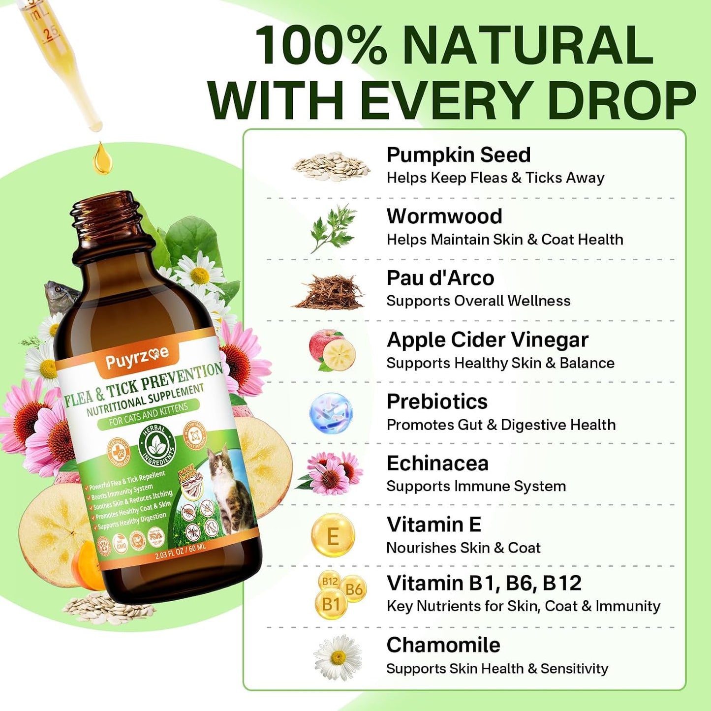Puyrzoe cat flea and tick drops natural ingredients including pumpkin seed and echinacea