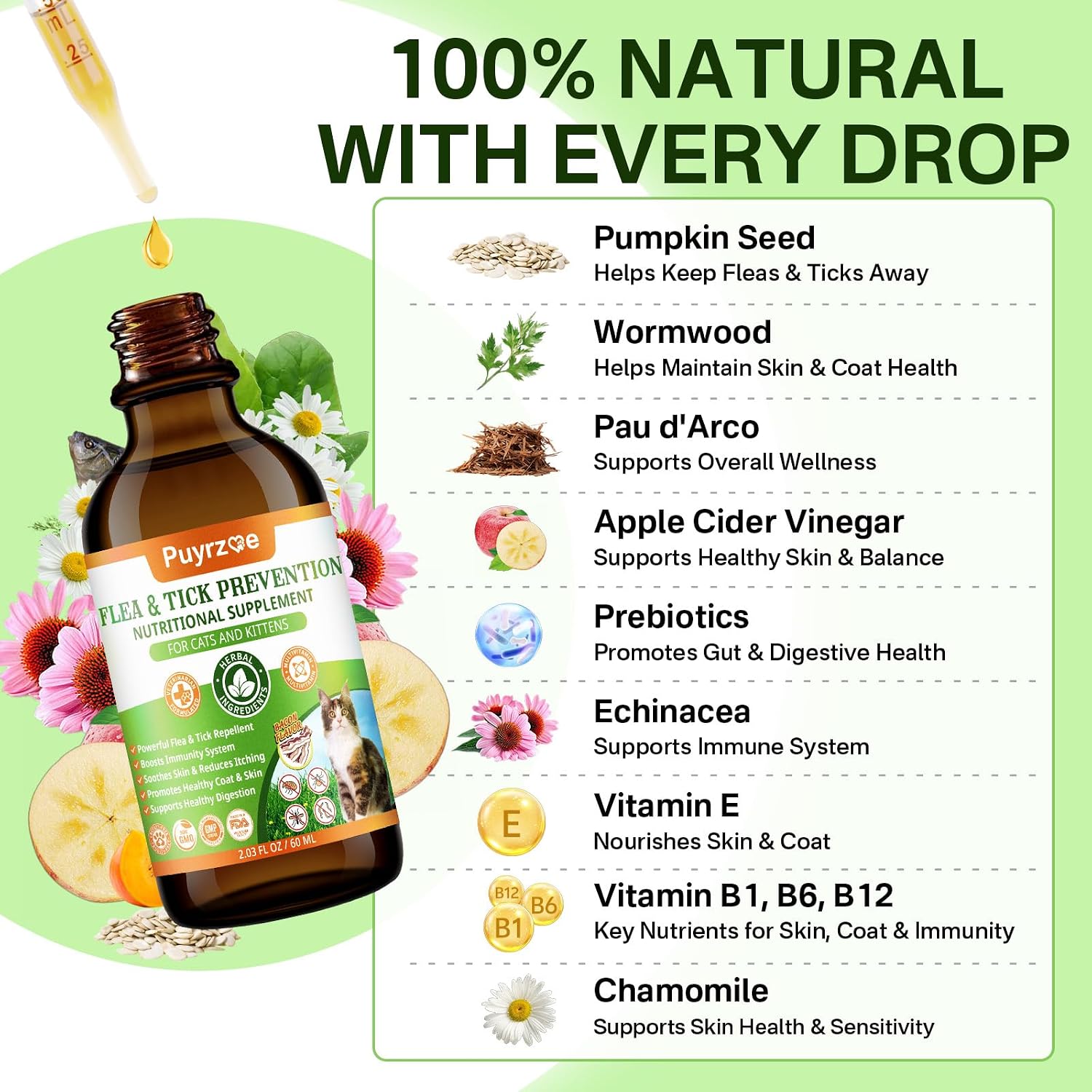 Puyrzoe cat flea and tick drops natural ingredients including pumpkin seed and echinacea