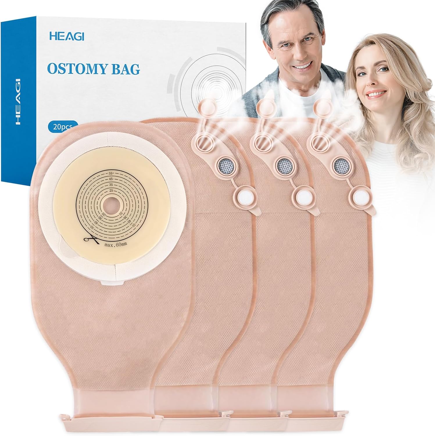 Heagimed One Piece Colostomy Bags front view showing the flat cut-to-fit base plate skin barrier.