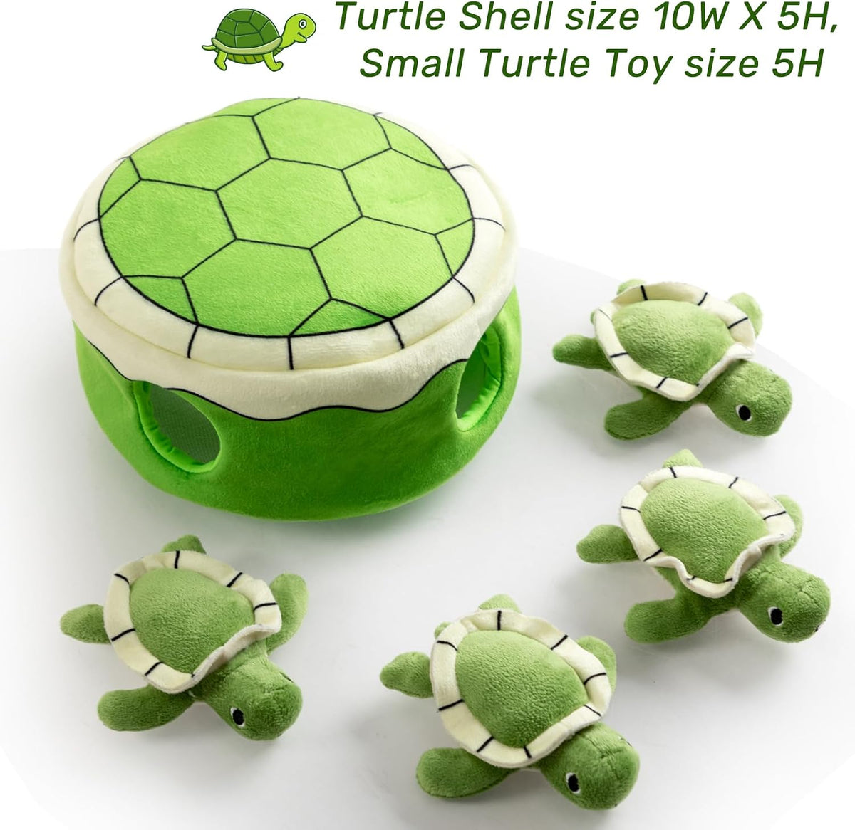 Four mini squeaky turtle toys arranged outside the main plush puzzle housing