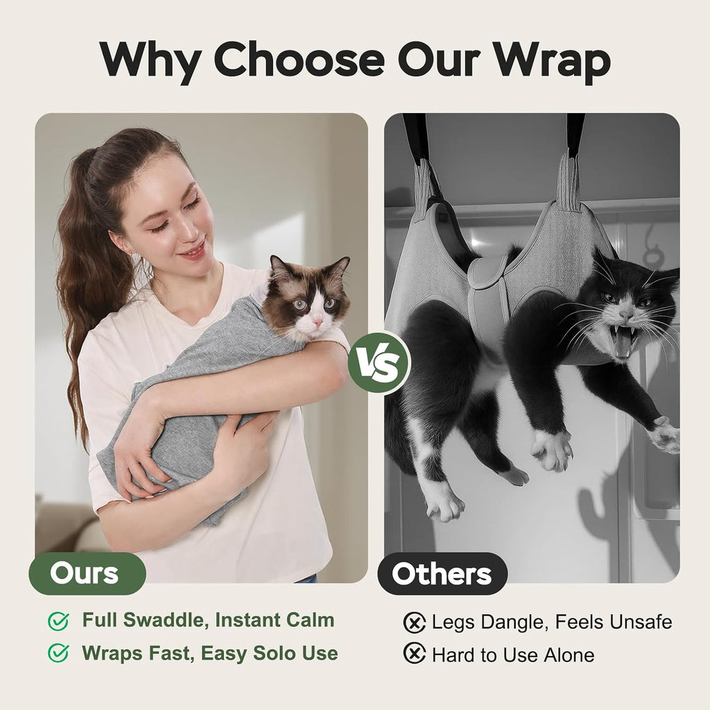 Self adhesive cat restraint bag being wrapped around a medium sized cat