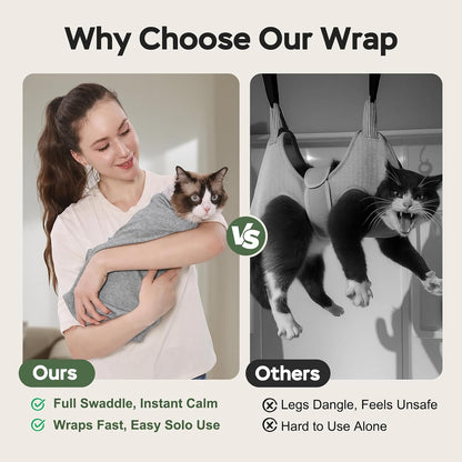 Self adhesive cat restraint bag being wrapped around a medium sized cat