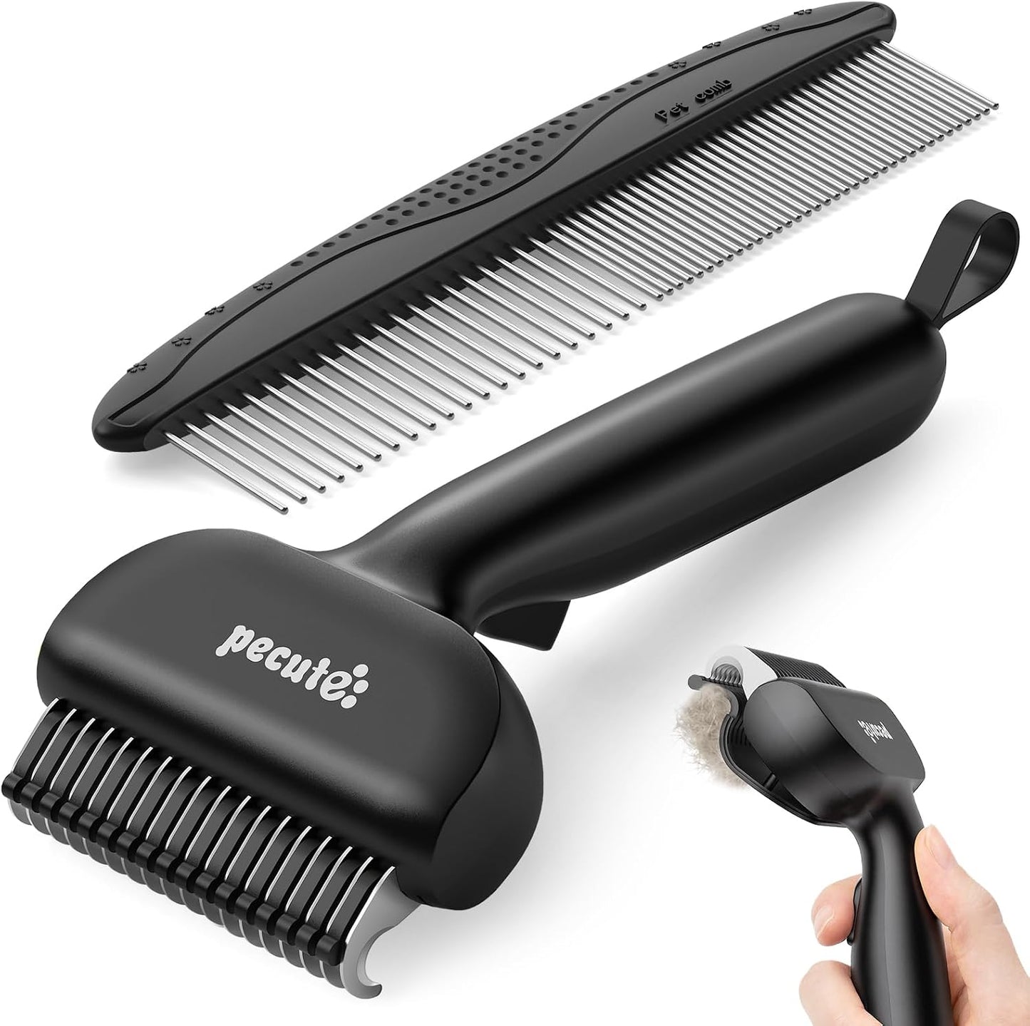 Pecute self-cleaning undercoat rake front view for pet grooming