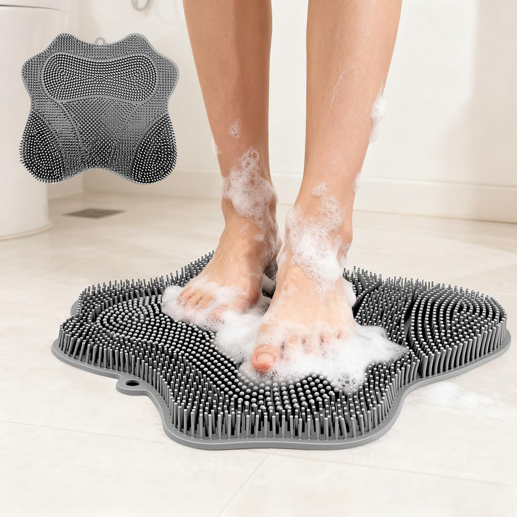Holyenten shower foot scrubber mat front view in grey color with silicone bristles