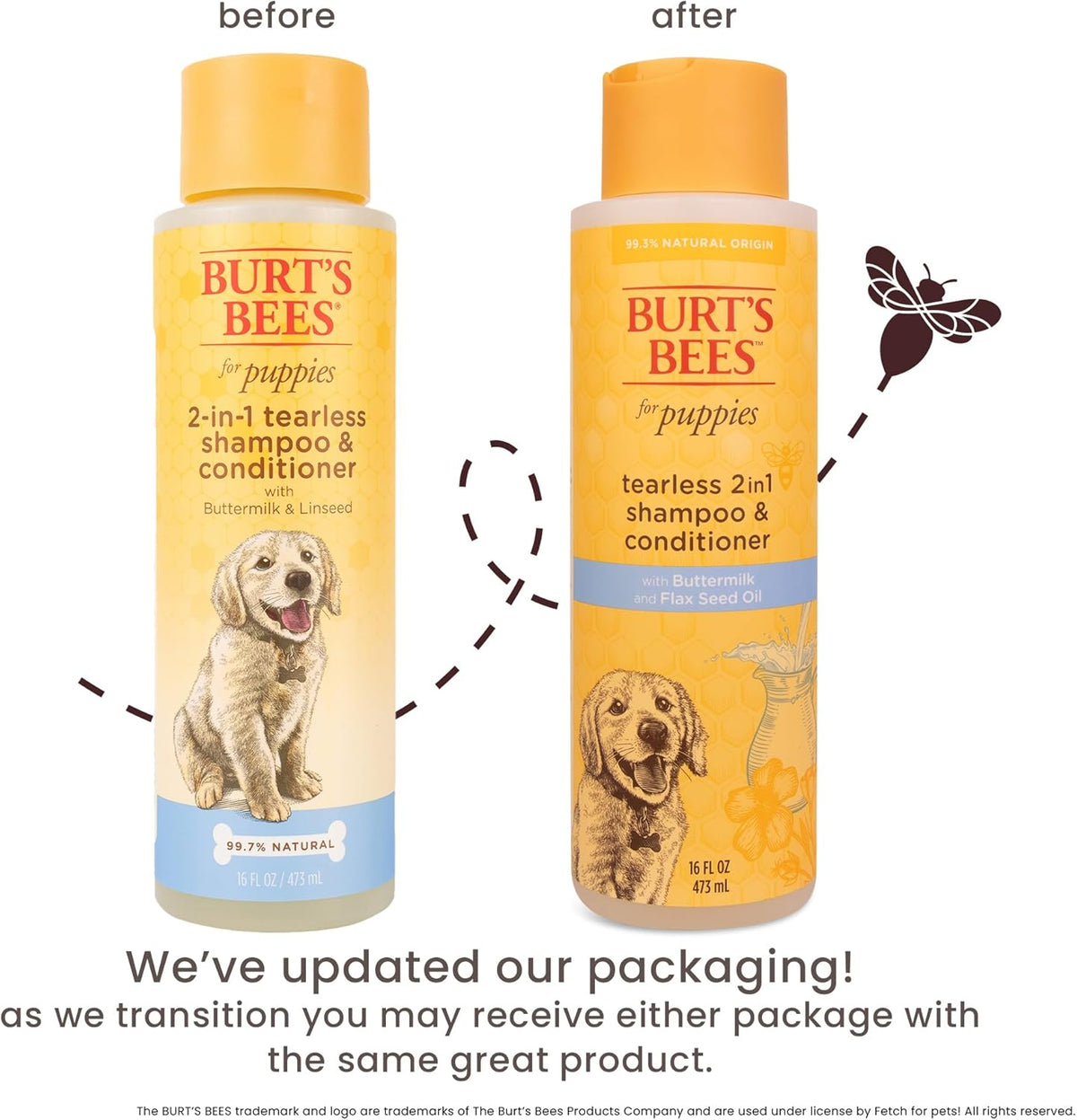 Burt's Bees puppy shampoo bottle showing buttermilk and linseed oil ingredients