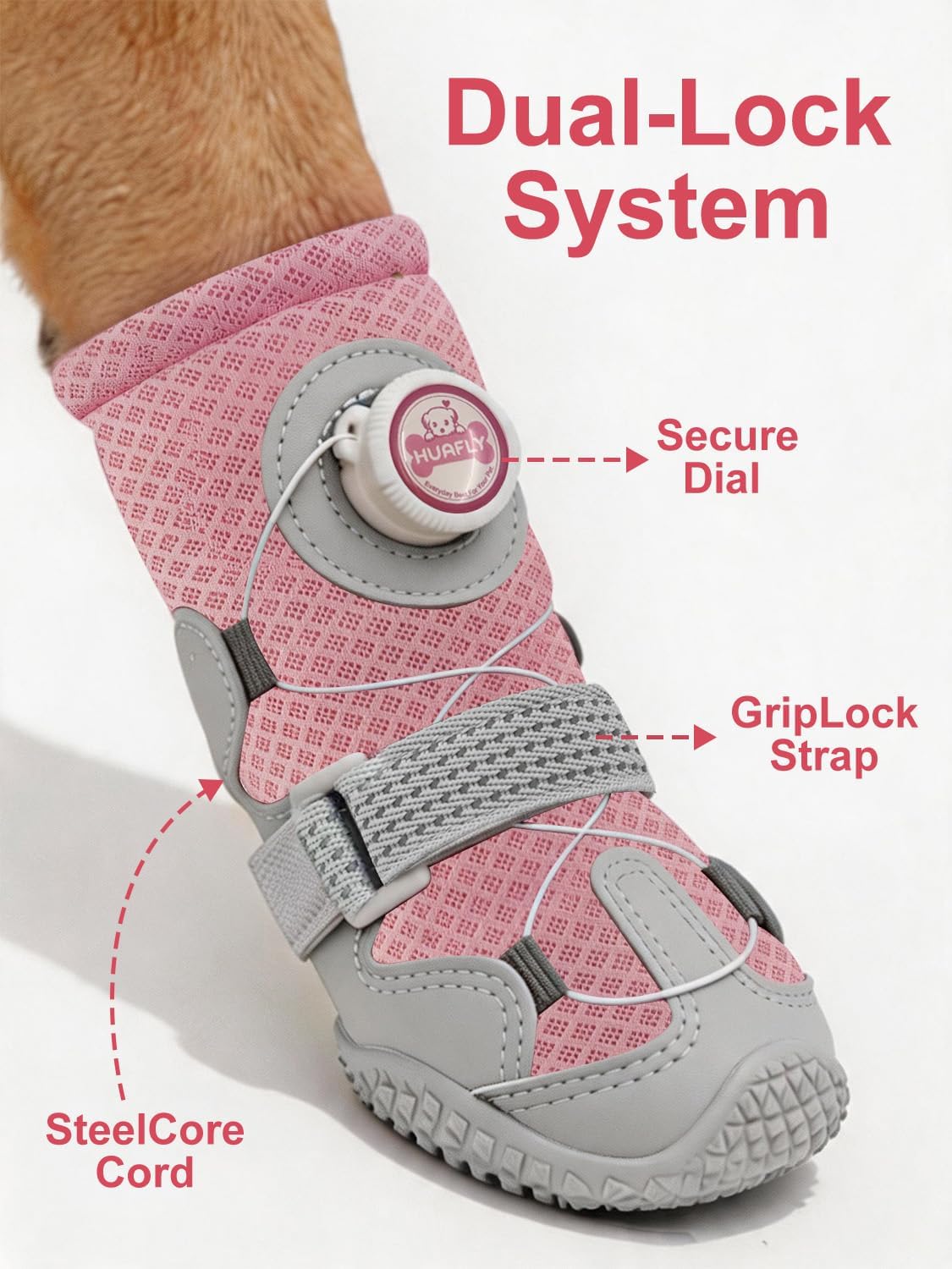 Huafly twist-lock dog boots showing dial system