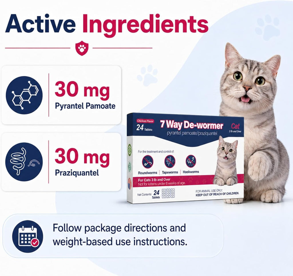 Broad spectrum cat dewormer tablets with pyrantel pamoate and praziquantel active ingredients