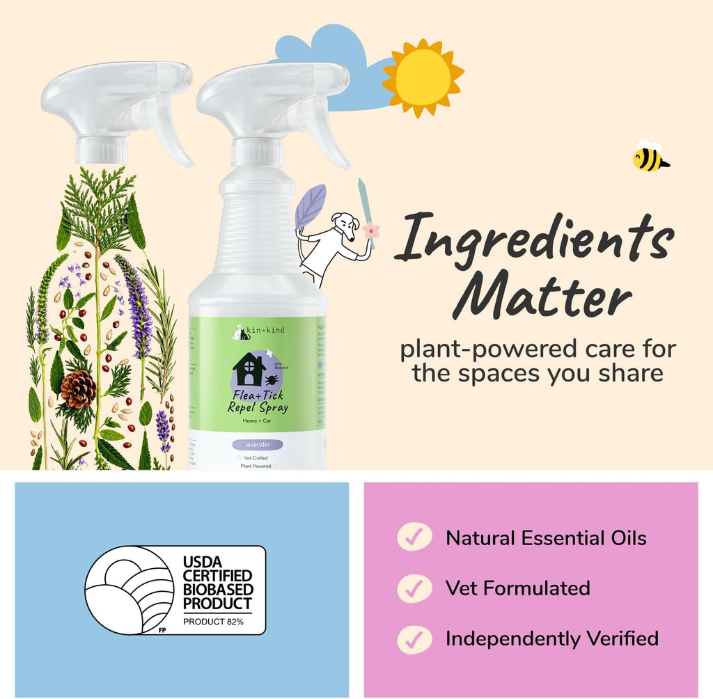 Plant based lavender scented flea repellent spray being applied to home car interiors.