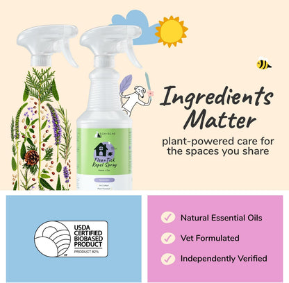 Plant based lavender scented flea repellent spray being applied to home car interiors.