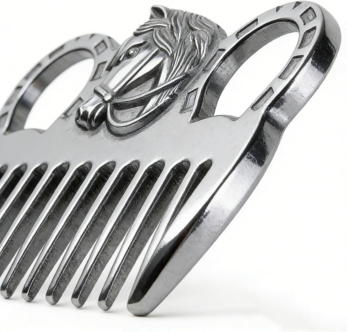 Close up of polished aluminum finish on pet grooming comb