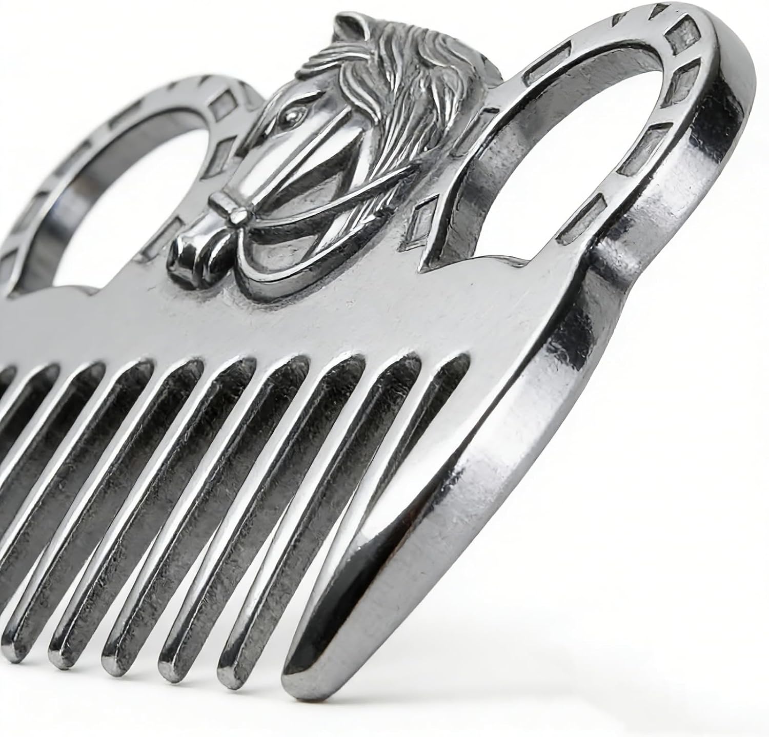 Close up of polished aluminum finish on pet grooming comb
