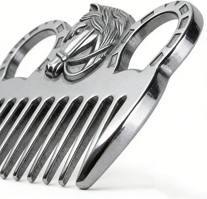 Close up of polished aluminum finish on pet grooming comb