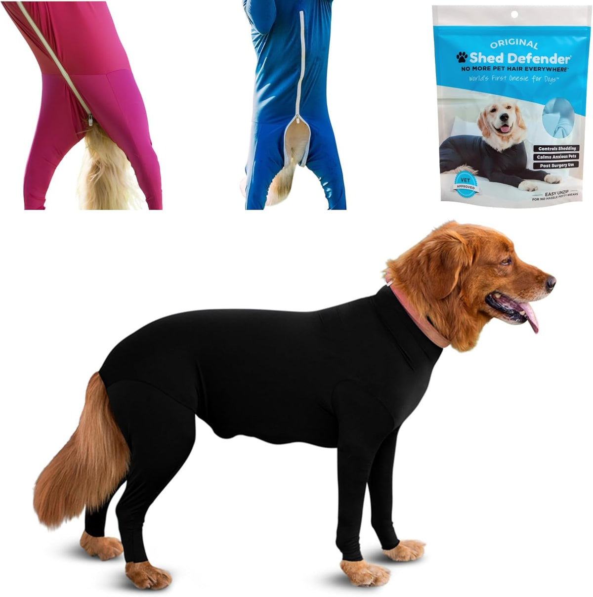 Shed Defender Original Dog Onesie in black color front view on an extra large dog.