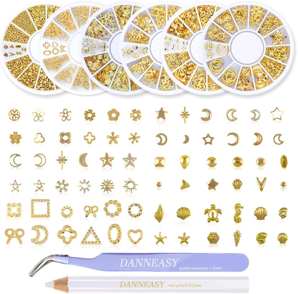 DANNEASY 3d gold nail studs metal charms kit front view showcasing six organizer wheels