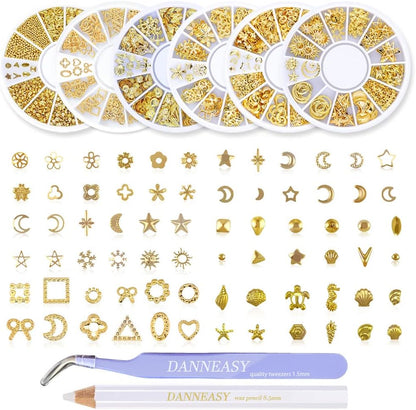 DANNEASY 3d gold nail studs metal charms kit front view showcasing six organizer wheels