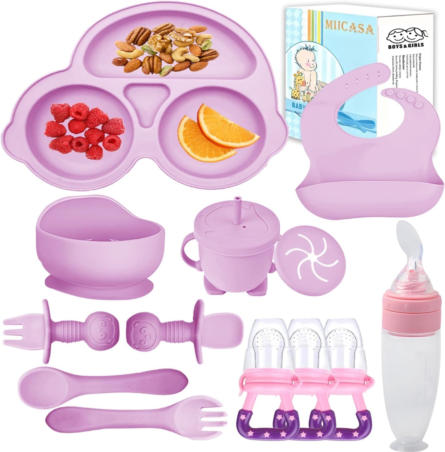 Miicasa 8-piece silicone baby feeding set front view