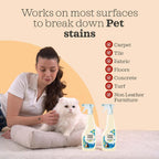 Eco-friendly vegan dog urine cleaner spray on living room fabric upholstery.