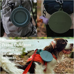 OHMO collapsible dog bowl with the included durable metal carabiner clip attached to the side tab.