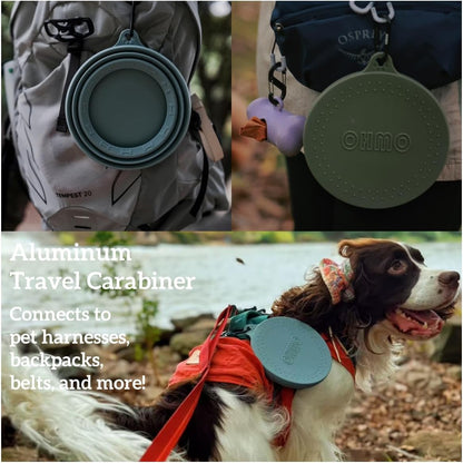 OHMO collapsible dog bowl with the included durable metal carabiner clip attached to the side tab.
