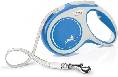 Small dog walking with a grey Flexi retractable leash