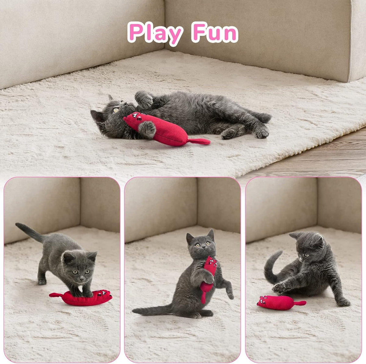Side angle of Legendog bite resistant cat toys with embroidered details.