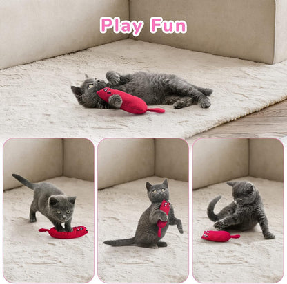 Cat playing with bite resistant catnip mouse toy